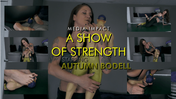 Autumn Bodell found out the local wrestler got the shrinking virus so she decided to show him how weak he is now and so she proceeds to do holds on him and also facesitting and boob smothering and lift and carry.
