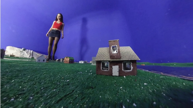 POV clip where you are the cheating boyfriend that the giantess wants to catch/crush. If you could use that 180 degree VR camera and have her chasing you around the city with you looking back and seeing her casually crushing houses/props/people as she chases you. You try to hide behind some of the houses but she crushes them and you are forced to run off to the next. Lots of blocking running paths/ forcing the tiny boyfriend to change directions and run away and look back to see houses. A little bit of walkover as well if she loses you for a second as well as a little bit of standing over you and trapping you between her two heels as you have to turn around and find another path. Also if she is close to you but loses you she may crush a house right next to you to check. Basically a giantess chase video through the neighborhood with some dialogue about how you cant hide and how she could easily destroy the place to find you.
