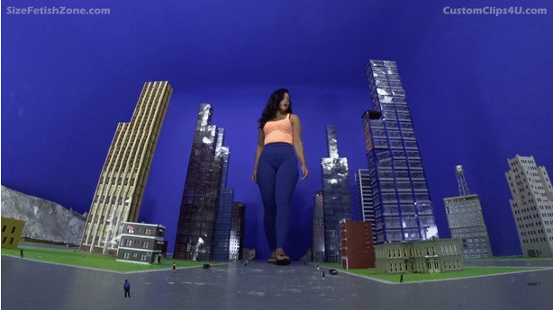 Sahrye is a giantess, she begins rampaging through the city crushing tiny people beneath her flip flops (All SFX people no plastic). Plenty of giantess dialogue about her giant feet and how she is going to step on, stomp on, squish, squash, crush the tiny people. A group of 3 tiny men are watching the rampage unfold when the leader of the group says "Don't be afraid, this is our city and we will crush whatever stands in our way!" Sahrye hears this, walks over to the group and says "I'm sorry, who is going to crush who?" The group scream as Sahrye crushes all 3 of them in one stomp. The rampage continues. Sahrye spots a tiny on a skyscraper and she picks him up, drops him on the ground and steps on him. Sahrye briefly stops her rampage to taunt the tiny people. While this is happening, one tiny man climbs onto her flip flop and starts shooting her toe. Sahrye says "Hey! Get off my foot you little bug!" Sahrye flicks her foot, causing the tiny to fall off and then she steps on him. Sahrye continues her rampage,  A strong tiny man is hiding behind a wall when Sahrye smashes her foot through the wall and tries to squish him.  Sahrye continues her rampage. Two tiny men confront Sahrye with the lead man saying "You wont get away with this, we're going to stop you". Sahrye laughs and says "Oh please, I've trampled countless giant slayers beneath my feet, you cant win." Sahryes foot kicks the two men, breaking their backs and sending them both flying. The lead guy lands slightly further away than his friend, both unable to get up. Sahrye walks over to the lead man, carelessly stepping on the other man as she does. Sahrye then says "Well, this has been fun, but I think I'm going to step on you now. My giant foot is going to flatten you like the insect you are." This last crush should be both in POV and normal shot; Sahrye raises her foot high above the tiny man and then slowly lowers it down on him, stomping down at the very last second. Sahrye then begins to very, very slowly twist her foot side to side, grinding the tiny man into the ground. Sahrye lifts her foot off him, showing the remains, laughs and says "Oh well, off to the next city now".