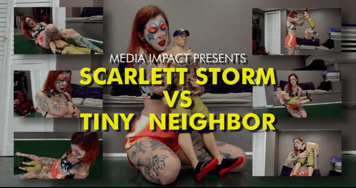 Another Doll wrestling clip. She dominates her neighbor and does several holds and decides to take him home with her at the end. 

Keywords:  scarlett storm, doll, lift and carry.