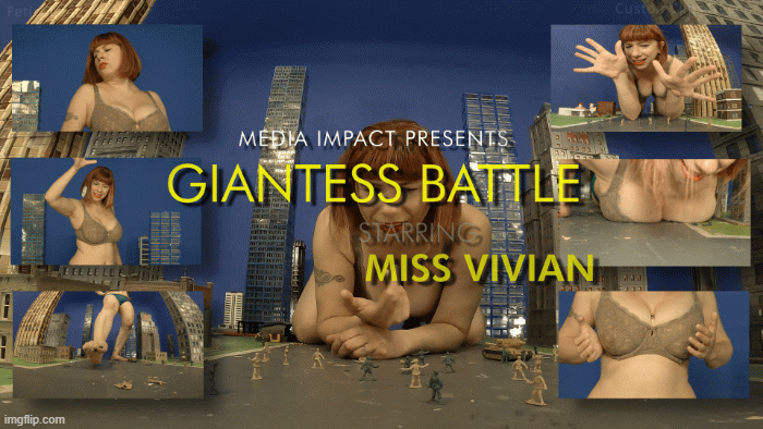 I want a simple Giantess video with Miss Vivian. No pov and no building destruction just an Army attack and foot crush and boob crush. all third person.

