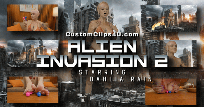 	Aliens are attacking our cities but luckily the Government has a secret Super soldier project that involves Giant indestructible women. Dahlia Rain is one of them and she is defending her city after 5min she defeats the Aliens and takes 2 prisoners back to her Giantess home to interrogate.

This was a simple custom that has Dahlia swatting and defeating UFO's but because it was only 5min I added the interrogation scene and back story to make it 10min

Dahlia Rain, SFX, ass, handheld, Feet, cleavage