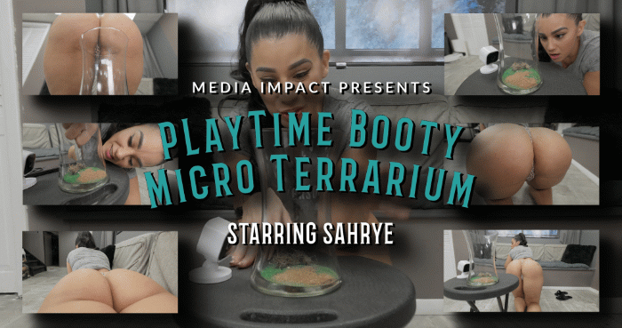 Sahrye has built a terrarium for school and she realizes that real micro people are now living in it and she teases them with her ass and tell them to worship her or she will fart on them She pulls some out with scissors as well. This was a custom that involved a lot of booty angles so the camera goes to ass a lot.