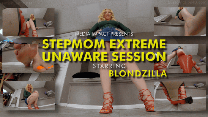 Blondzilla is my stepmom and she works on giving foot and giantess sessions for guys who have those fantasies. I ordered a session and used a special shrinking potion that she couldn't recognize me. And I order an extreme session, that she could do whatever she want to me, even crush me to a pulp. She meets me when I have already shrunk. She tells me how pathetic I am for wanting to be a tiny bug under her feet, and makes me clean her shoes. She trampled me several times and informed me this is what I ordered, she will have no mercy and keep crushing me until I became a stain under her sole. She removes her shoes and makes me clean her foot, then she tells me to prepare to become a paste under her bare foot, she will crush me limb by limb. She begins to stomp me, and after crushing my limbs, she takes out her phone and tells me she has to call her stepson because it's time to go to dinner. Of course, there is no response, she has seen me still looking at her feet, she becomes very mad and decides to finish me off though she could go to meet her stepson. After several heavy stomping, I totally became a stain, she puts on her shoes and tried to call me again, never knowing her stepson is a stain under her foot now.