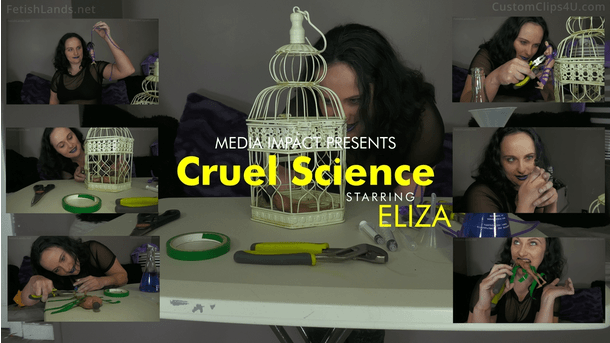 Eliza just got back from hunting for tiny people to do experiments on and she has a couple in a cage and she does cruel experiments on them.

Keywords: shrinking, doll, hand held, Eliza, bad science