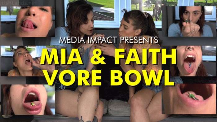 Mia Hope and Faith have all the co-workers in a bowl and proceed to eat many of them and also put a few in their cleavage. Many cool Mouth and vore shots.