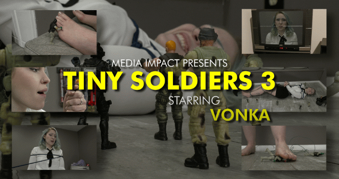 The Toy Soldiers are at it again. This time things go a bit differently and the soldiers win at the end but not after she escapes the first time and gives them some punishment but they get better ropes and finally win in the end. 

Vonka, Dolls, Bondage, Giantess, crush, hand held, feet, shoes.