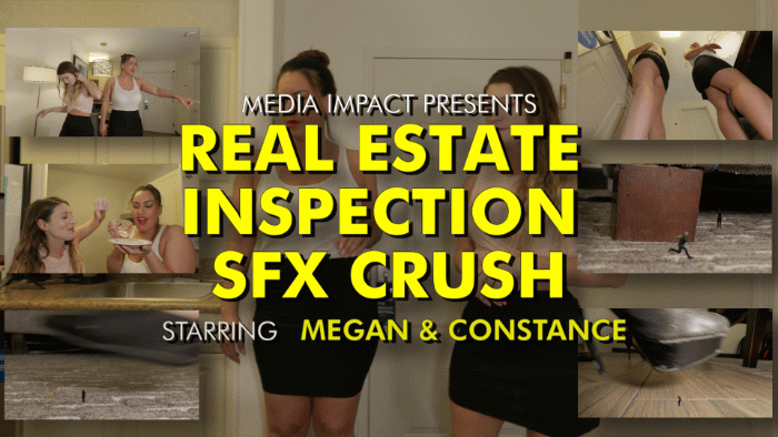 Megan and Constance are real estate inspectors and they are walking around an apartment for the first 70% of the video they are unaware they are crushing a lot of tiny people who you can hear screaming for help and they crush with shoes, hands, and booty then they realize the apartment is infested with tiny people so they have fun crushing more and also eating some of them. 

23 unaware crushes
  - 19 shoe 
  - 4 booty 

10 aware Crushes and 5 get eaten 
  - 6 shoe
  - 4 hand
  - 5 vore
