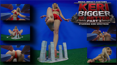Bigger Is Better – Part 2 continues with Keri Spectrum already transformed into an enormous giantess and eager to explore her newfound power. Wearing a revealing red two-piece outfit with a matching short skirt, Keri discovers another miniature city spread across the landscape beneath her bare feet. She begins by inspecting a tiny captive that was in her ass and now between her fingers, playfully teasing him with her lips and tongue before turning her attention toward the helpless city below.

Keri kneels over the skyline, straddles the buildings, and reaches between the towers to pluck up tiny residents. She brings her captives close for inspection, toys with them against her body, and presses one into her cleavage. The playful teasing soon becomes destructive as she grips buildings, pushes over towers, pounds structures with her hands, and leaves the first section of the city scattered across the ground.
The destruction then becomes heavily foot-focused. Keri raises her enormous bare soles toward the camera, flexes her toes over the miniature streets, and surrounds the remaining buildings with her feet. Dramatic worm’s-eye POV shots place the viewer directly inside the city as her soles fill the sky. She presses down on rooftops, topples towers with her toes, and methodically crushes the district beneath both feet until little remains except flattened buildings and rubble.

Keri moves on to another section of the city, lowering her upper body directly into the skyline and using the buildings as toys. She presses structures against her chest, crawls over the streets, and smashes more towers with her hands and feet. For the final act, Keri turns around and positions herself above the city, giving the tiny residents an overwhelming rear view before lowering her bikini-clad body onto the buildings. She completely crushes the remaining skyline beneath her and rises to admire the devastation.

After searching through the wreckage, Keri discovers one final tiny survivor. She lifts him between her fingers, gives him a teasing lick and kiss, and decides to keep him as a personal souvenir by slipping him inside her bikini. Part 2 delivers an extended combination of tiny-person teasing, barefoot domination, cleavage play, worm’s-eye giantess POV, body crushing, and complete miniature-city destruction.

Keywords: Keri Spectrum, giantess, giantess POV, tiny man, miniature city, city destruction, barefoot giantess, foot crush, cleavage play, butt crush, MEGA Giantess,
