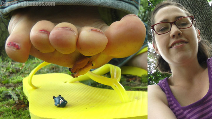 Annie makes a surprising return to Canadian Giantess after eight years! A lot has changed since then and you can see this legacy model in HD for the first time with her tiny micro neighbours at the mercy of her huge toes! Fed up with two of them and an officer that wouldn't help keep them quiet, Annie torments them in her sandals and under her feet. Includes some advanced slow motion moments as well to capture those times the shrunken people get stuck to her soles! Finally, they're squashed down inside her sandal and she decides to leave them there! The image above is for promo use only, there are no split screen scenes in this video.