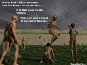After her snack in the wasteland, the giantess has made her way much closer to the village the tiny cave people come from. It's been a long journey and she has finally come across a group of six new smaller creatures that will become her prey. In this first part of the sequel, the group flees from the giantess only to have one of them end up stepped on. The tiny girl is brough up to the giantess mouth, dropped in, and a few inside tummy scenes show her landing in a pool of stomach acid. Her prey forgotten, the giantess begins to persue the rest of her prey, angry that they are trying to run. I split this set in two since it may still be a little more time until part two is done due to a special project. 22 images at 1600x1200 high res.
