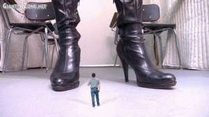 Agony has a student of hers shrunk in front of her giant boots and she is tapping and walking to imtimidate him and the Ground Shakes and also boom sounds are included.  Then she makes him clean her boots then finally at the end she slowly crushes him under her boot.
