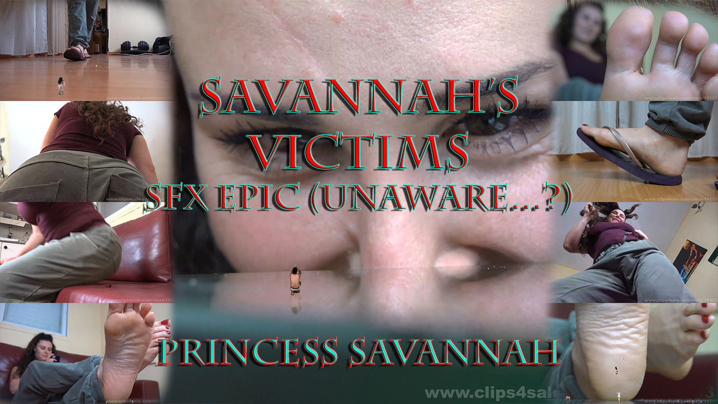 for her, it's just a walk in her house. for them - a true goddess, shaking the very foundation of their tiny world! at the first half of the video, Savannah is crushing poor tiny men AND women under her flip-flops, butt and feet. at some point, though, she SEES them, and some really sexy & fun aware stuff begins!
