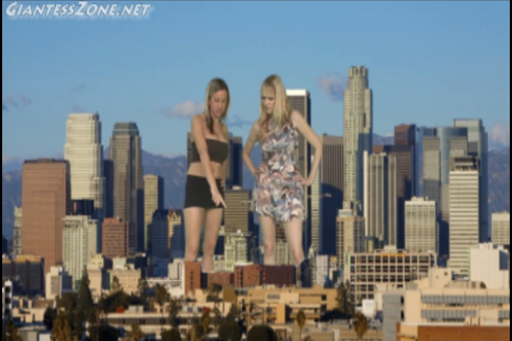 <p>Suzi and Kathy are tormenting a city stepping on people and eating people. Planes try to stop them but they swat the planes out of the sky and eat more people.</p>