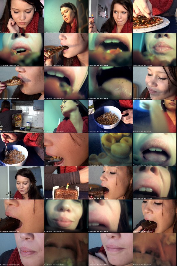 A great new "on food" collection for vore-fans. In three parts, our cute Fee is eating her lunch with some shrunken people inside. Sitting on a pizza? Swimming in cerials? Stuck in a cake? This movie brings you right into this fantasy. Many great pov-views - Enjoy! 
